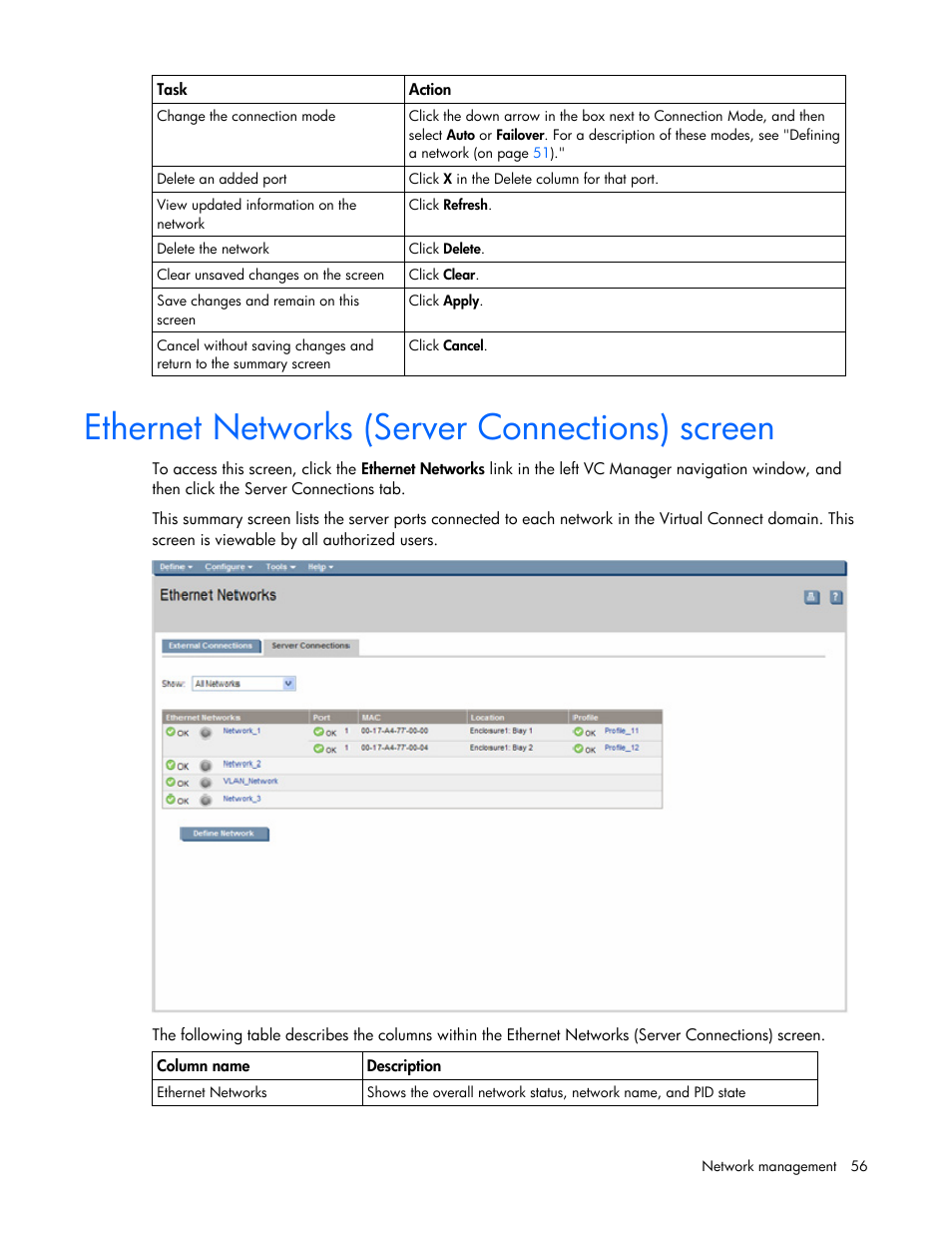 Ethernet networks (server connections) screen | HP Virtual Connect 4Gb Fibre Channel Module for c-Class BladeSystem User Manual | Page 56 / 158