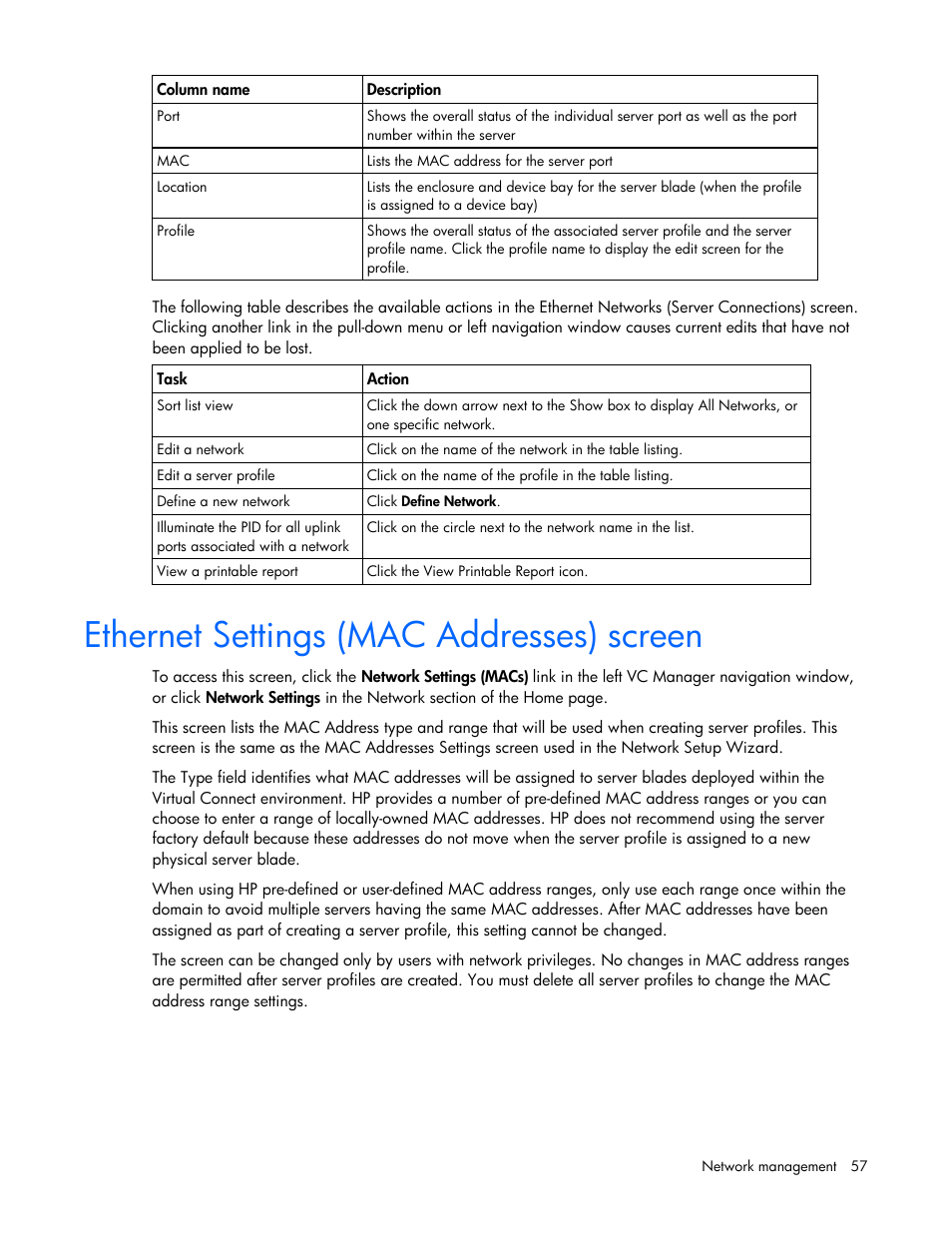 Ethernet settings (mac addresses) screen | HP Virtual Connect 4Gb Fibre Channel Module for c-Class BladeSystem User Manual | Page 57 / 158