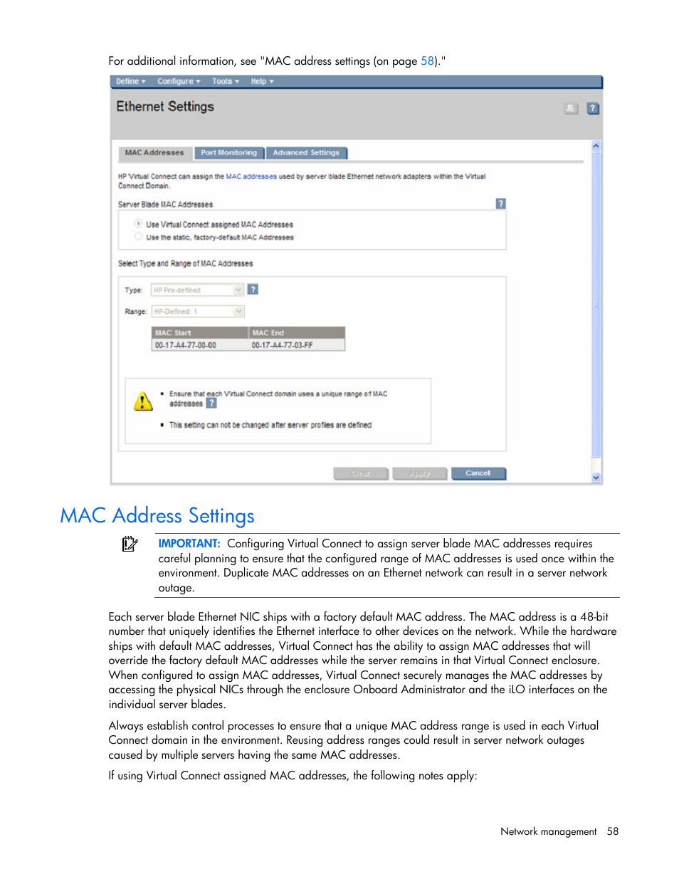 Mac address settings | HP Virtual Connect 4Gb Fibre Channel Module for c-Class BladeSystem User Manual | Page 58 / 158