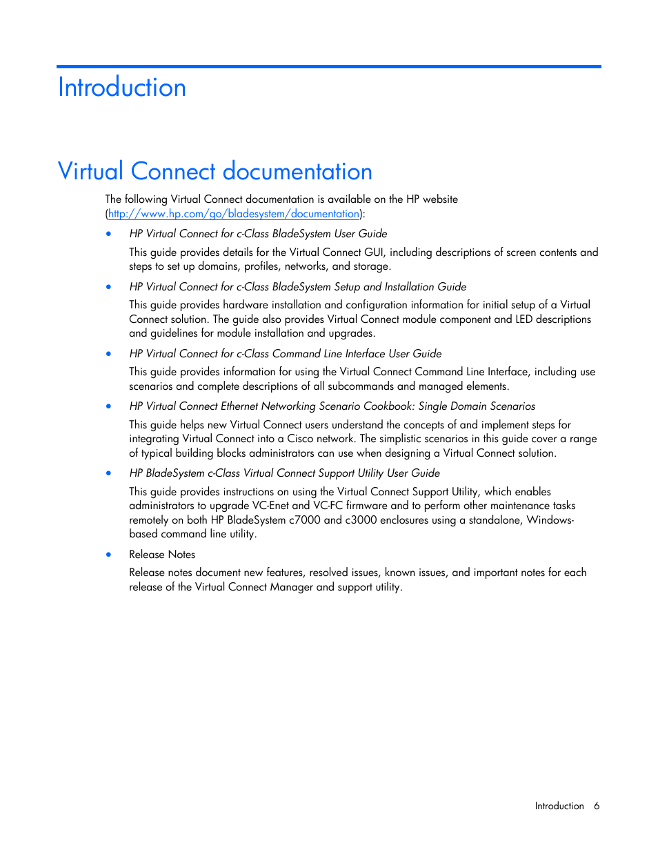 Introduction, Virtual connect documentation | HP Virtual Connect 4Gb Fibre Channel Module for c-Class BladeSystem User Manual | Page 6 / 158