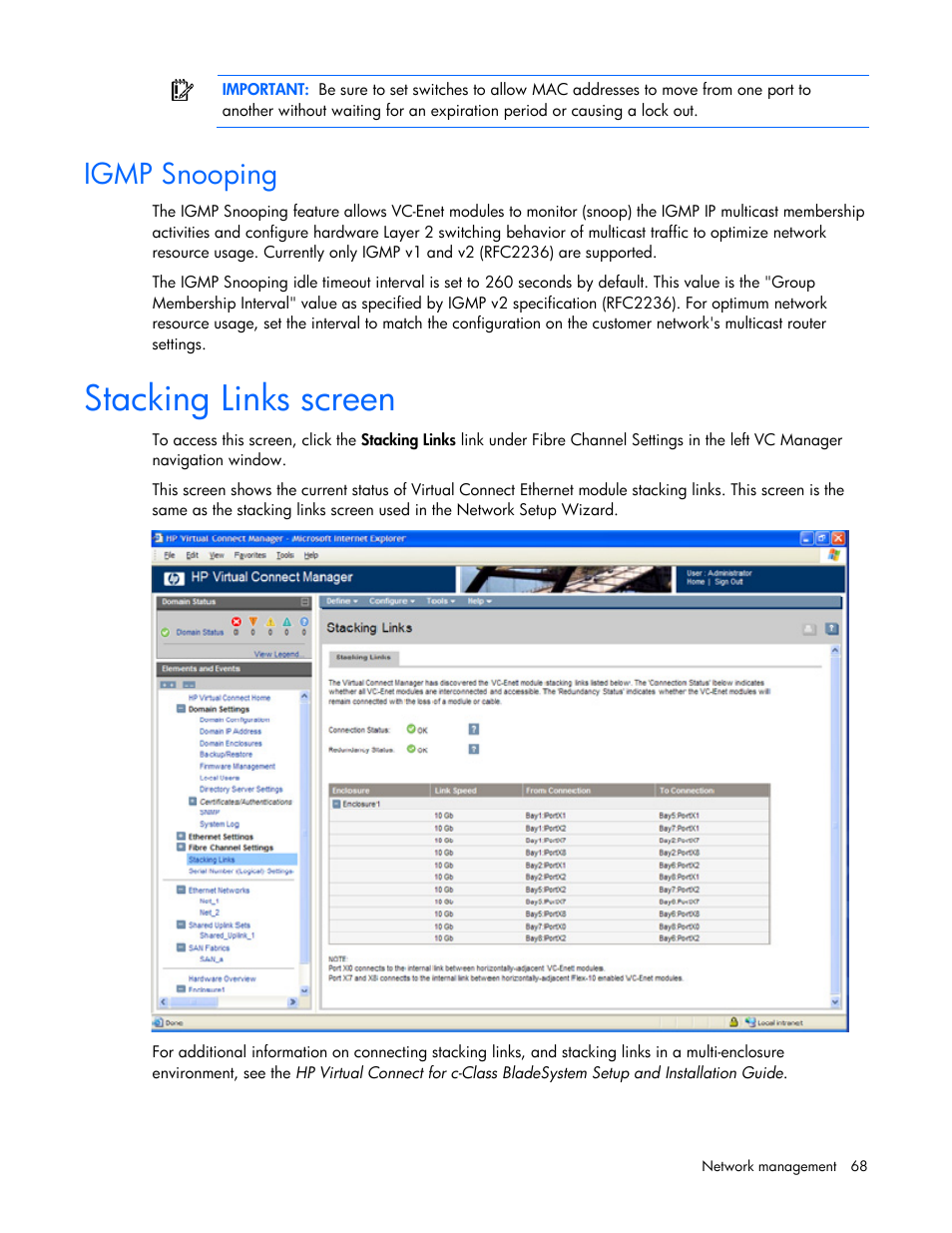Igmp snooping, Stacking links screen | HP Virtual Connect 4Gb Fibre Channel Module for c-Class BladeSystem User Manual | Page 68 / 158