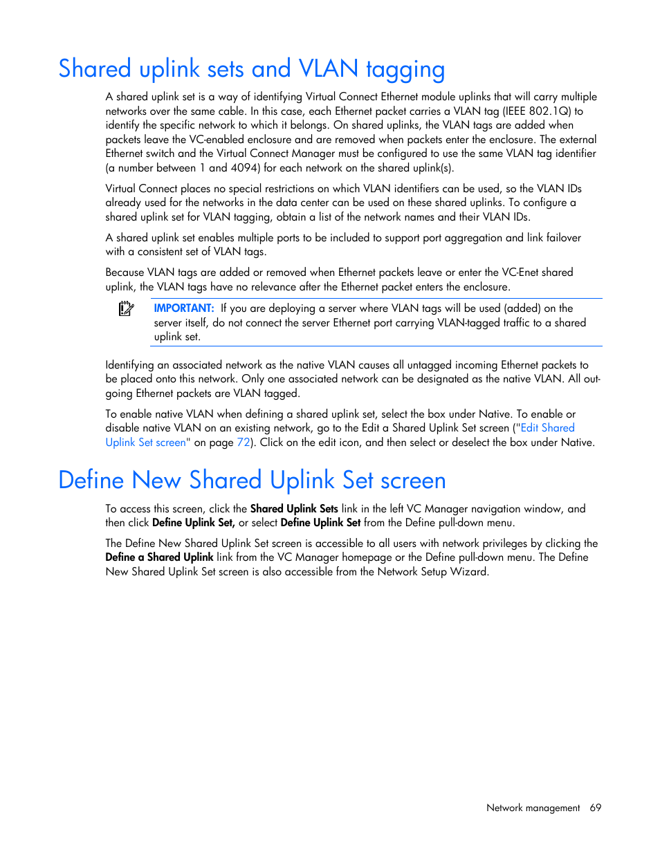 Shared uplink sets and vlan tagging, Define new shared uplink set screen | HP Virtual Connect 4Gb Fibre Channel Module for c-Class BladeSystem User Manual | Page 69 / 158