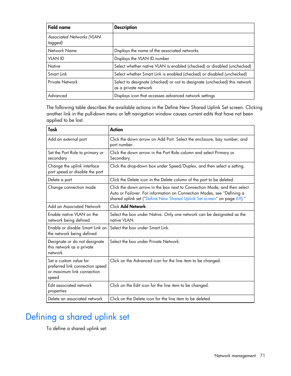 Defining a shared uplink set | HP Virtual Connect 4Gb Fibre Channel Module for c-Class BladeSystem User Manual | Page 71 / 158