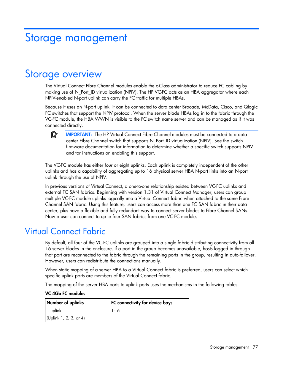 Storage management, Storage overview, Virtual connect fabric | HP Virtual Connect 4Gb Fibre Channel Module for c-Class BladeSystem User Manual | Page 77 / 158