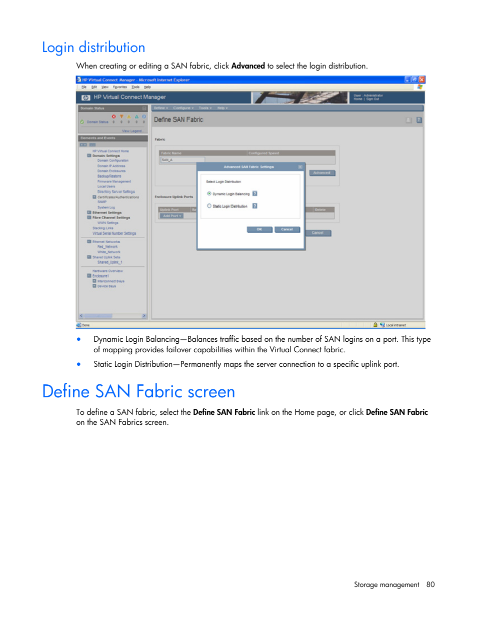 Login distribution, Define san fabric screen | HP Virtual Connect 4Gb Fibre Channel Module for c-Class BladeSystem User Manual | Page 80 / 158