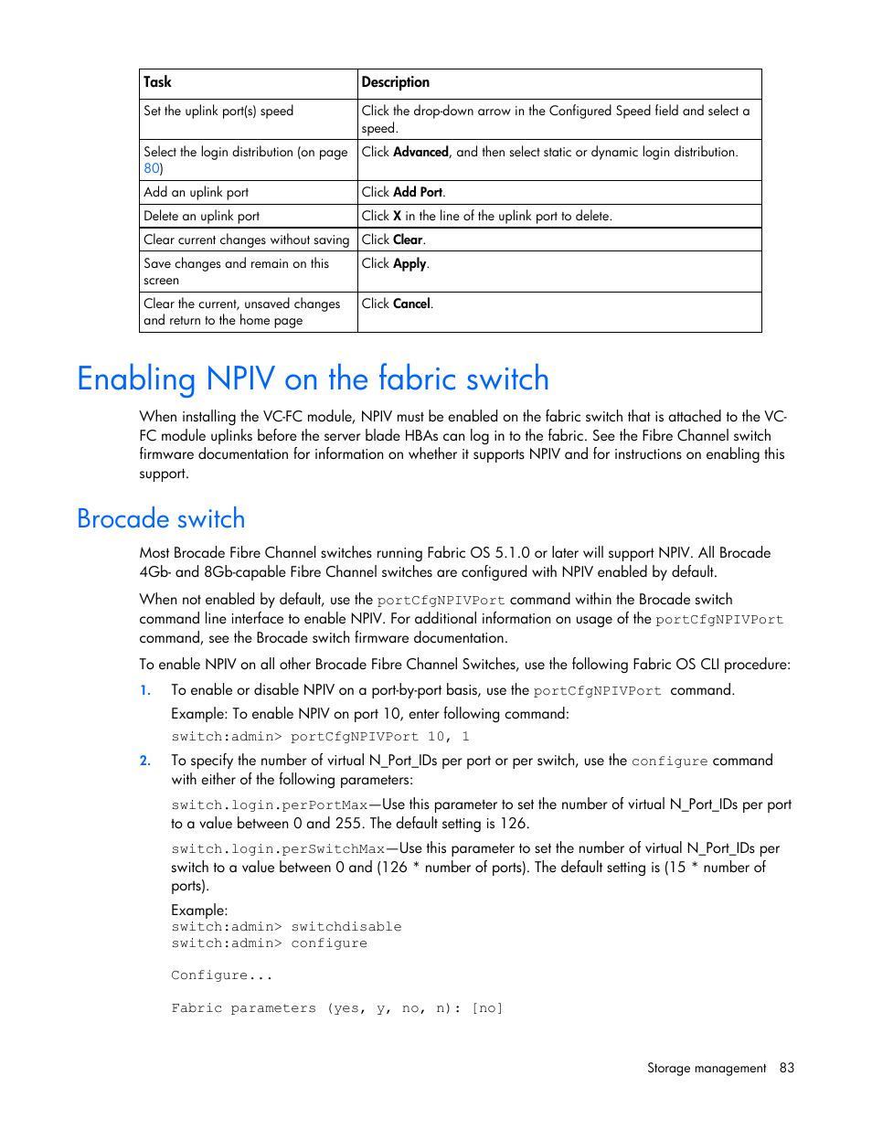 Enabling npiv on the fabric switch, Brocade switch | HP Virtual Connect 4Gb Fibre Channel Module for c-Class BladeSystem User Manual | Page 83 / 158