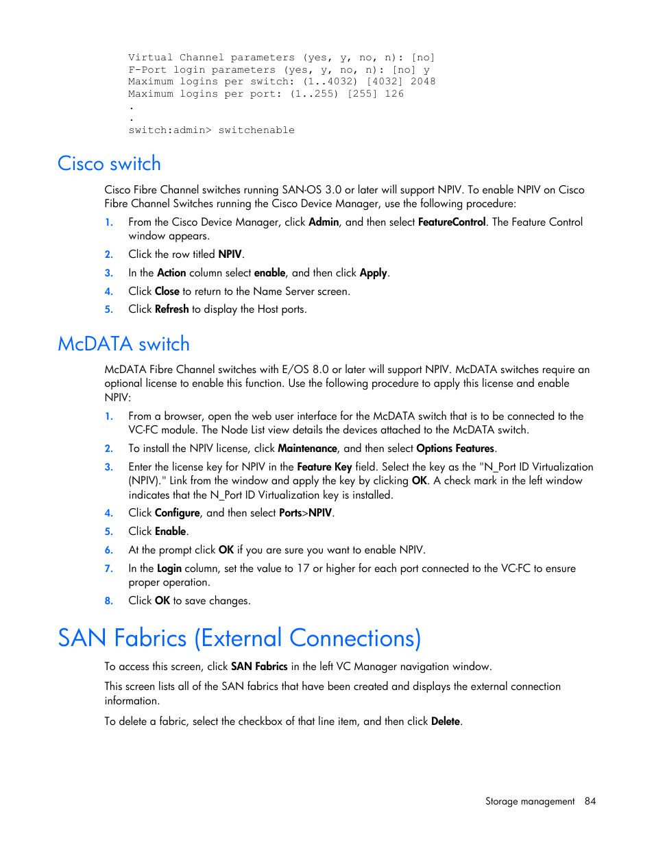 Cisco switch, Mcdata switch, San fabrics (external connections) | HP Virtual Connect 4Gb Fibre Channel Module for c-Class BladeSystem User Manual | Page 84 / 158