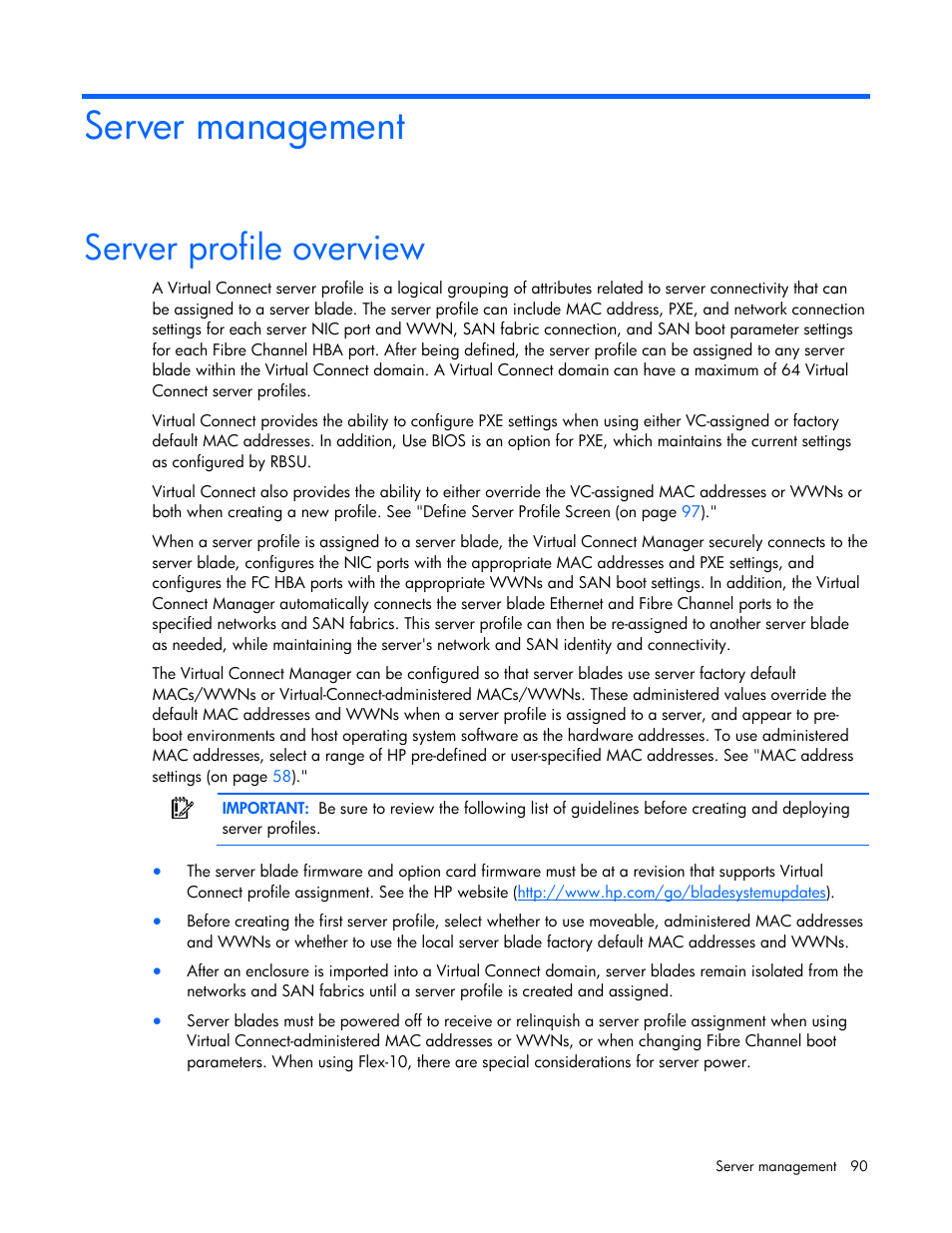 Server management, Server profile overview | HP Virtual Connect 4Gb Fibre Channel Module for c-Class BladeSystem User Manual | Page 90 / 158