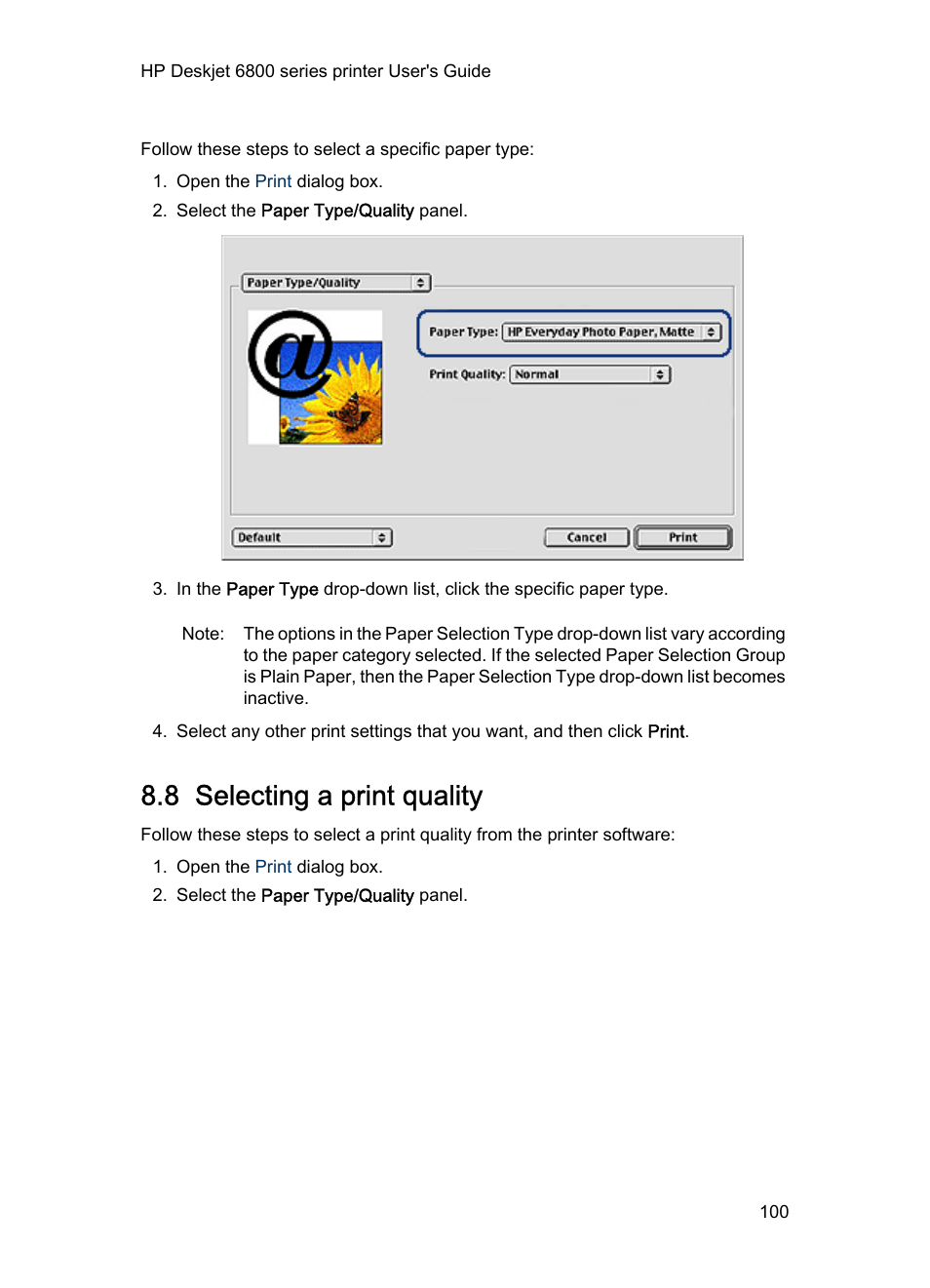 8 selecting a print quality, Print quality | HP Deskjet 6840 Color Inkjet Printer User Manual | Page 100 / 177