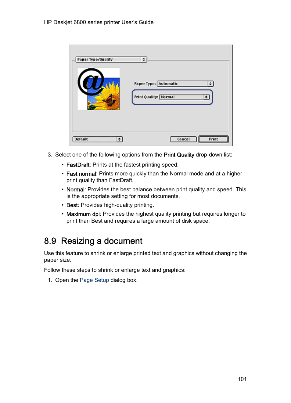 9 resizing a document, Resize | HP Deskjet 6840 Color Inkjet Printer User Manual | Page 101 / 177