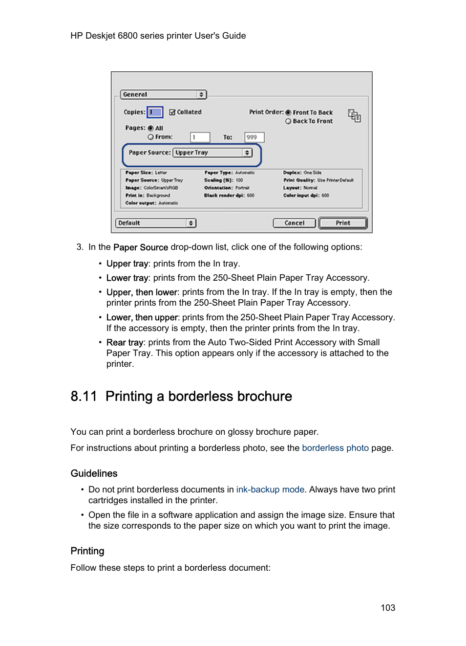 11 printing a borderless brochure, Guidelines, Printing | Learn to print, Borderless brochures, Print a, Borderless brochure | HP Deskjet 6840 Color Inkjet Printer User Manual | Page 103 / 177