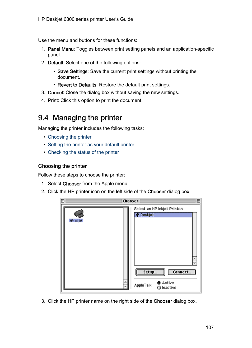 4 managing the printer, Choosing the printer, Managing the printer | HP Deskjet 6840 Color Inkjet Printer User Manual | Page 107 / 177