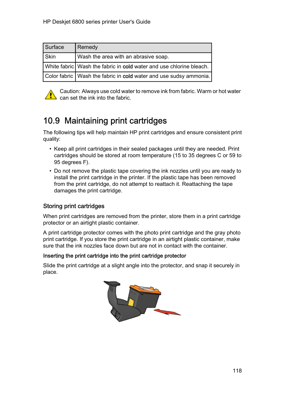 9 maintaining print cartridges, Storing print cartridges, Print cartridge storage | Guidelines, Maintaining print cartridges | HP Deskjet 6840 Color Inkjet Printer User Manual | Page 118 / 177