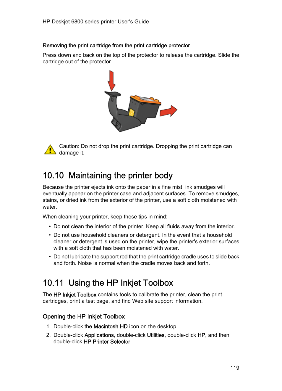 10 maintaining the printer body, 11 using the hp inkjet toolbox, Opening the hp inkjet toolbox | Hp inkjet toolbox, And then select the, Maintaining the printer body, Using the hp inkjet toolbox | HP Deskjet 6840 Color Inkjet Printer User Manual | Page 119 / 177