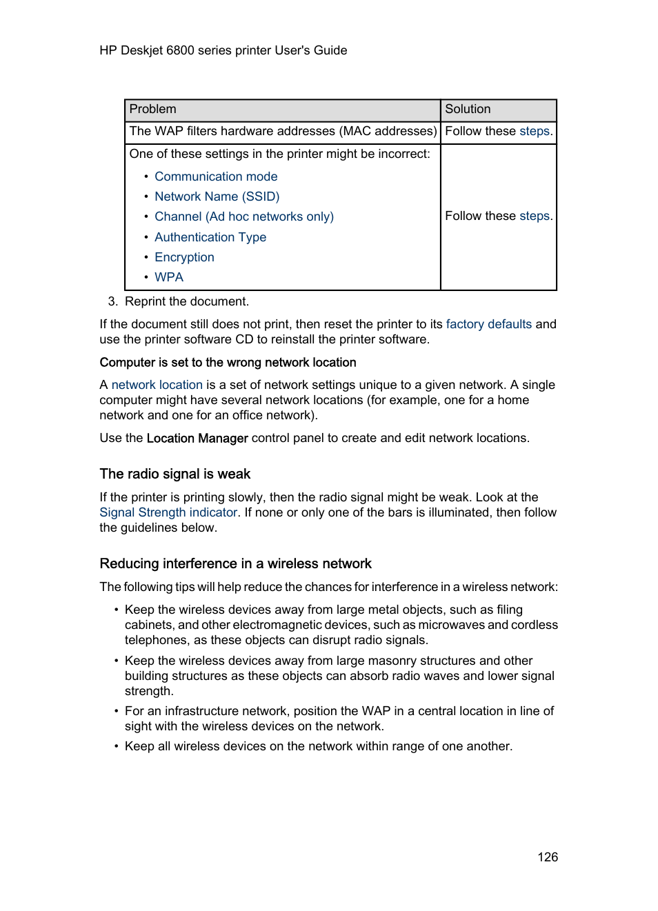 Computer is set to the wrong network location, The radio signal is weak, Reducing interference in a wireless network | Steps | HP Deskjet 6840 Color Inkjet Printer User Manual | Page 126 / 177