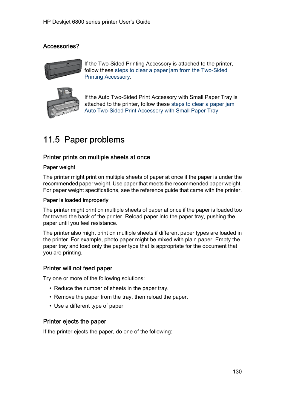 Accessories, 5 paper problems, Printer prints on multiple sheets at once | Paper weight, Paper is loaded improperly, Printer will not feed paper, Printer ejects the paper, Paper problems, Printer ejects paper | HP Deskjet 6840 Color Inkjet Printer User Manual | Page 130 / 177