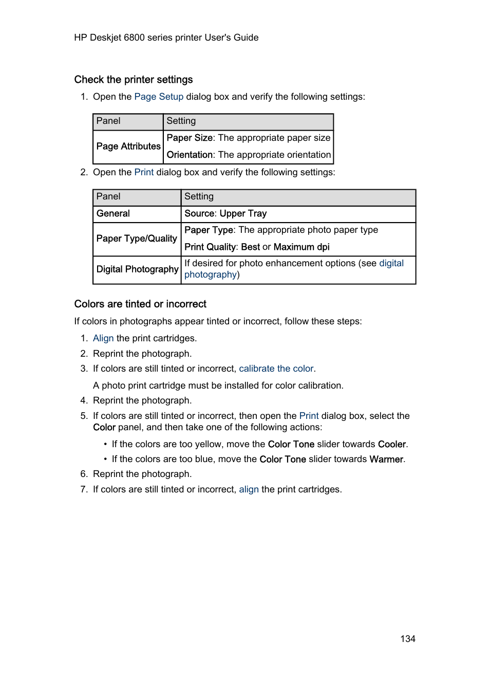 Check the printer settings, Colors are tinted or incorrect | HP Deskjet 6840 Color Inkjet Printer User Manual | Page 134 / 177