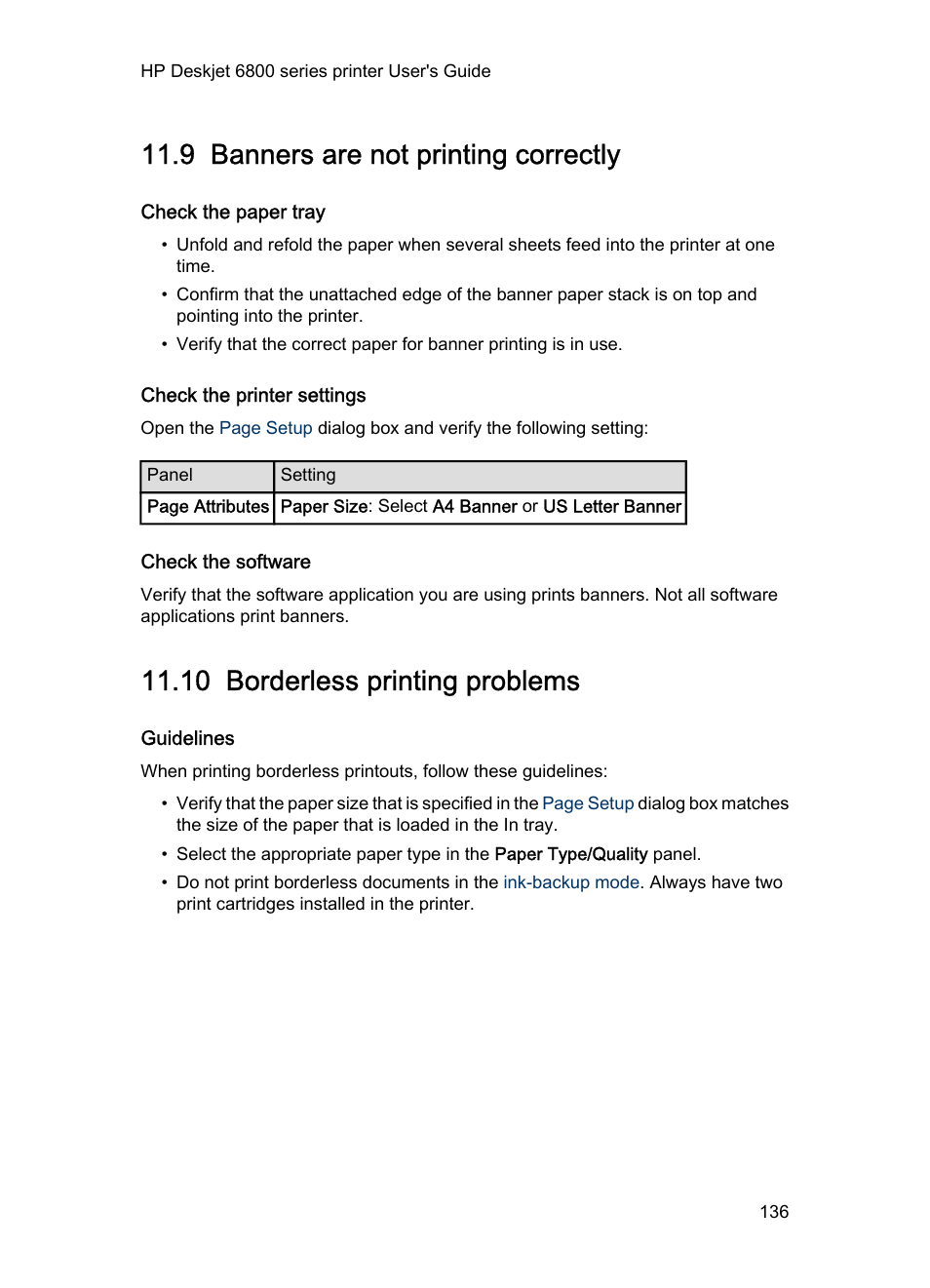 9 banners are not printing correctly, Check the paper tray, Check the printer settings | Check the software, 10 borderless printing problems, Guidelines, Banners are not printing correctly, Borderless printing problems | HP Deskjet 6840 Color Inkjet Printer User Manual | Page 136 / 177