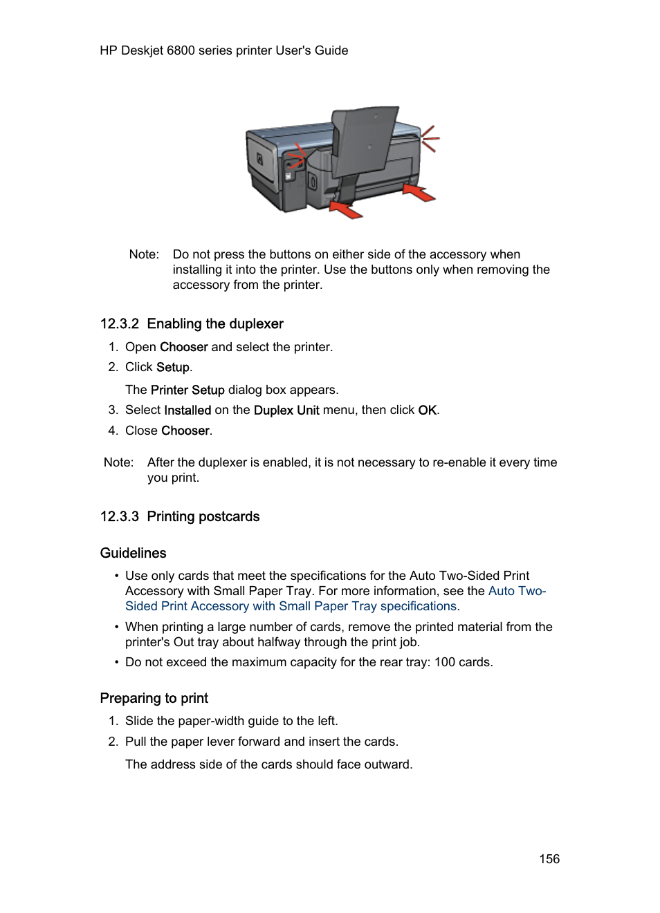 2 enabling the duplexer, 3 printing postcards, Guidelines | Preparing to print, Tray is attached to the printer, follow the, Steps for printing, Paper tray, Enable, Enabled | HP Deskjet 6840 Color Inkjet Printer User Manual | Page 156 / 177