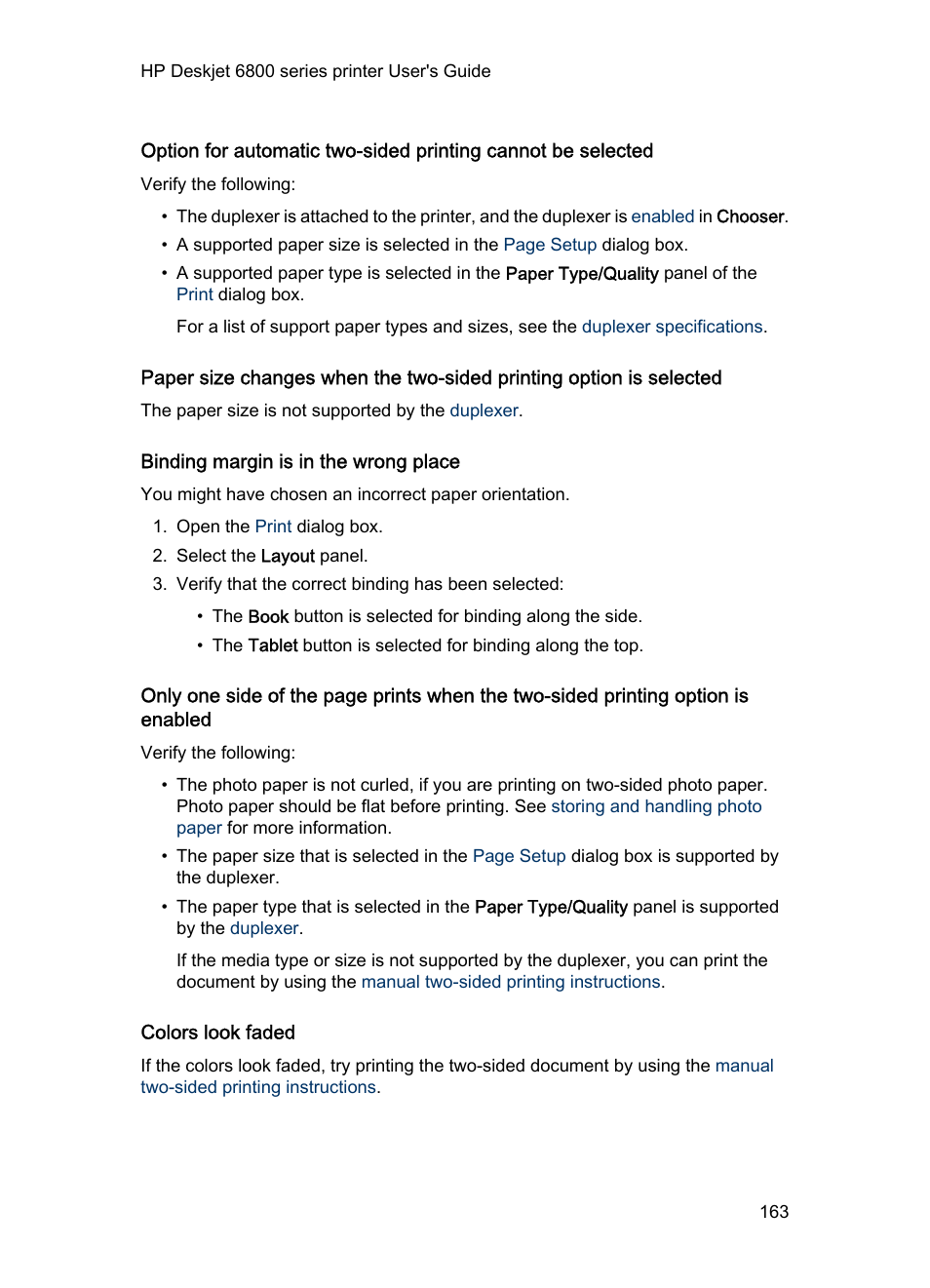 Binding margin is in the wrong place, Colors look faded | HP Deskjet 6840 Color Inkjet Printer User Manual | Page 163 / 177