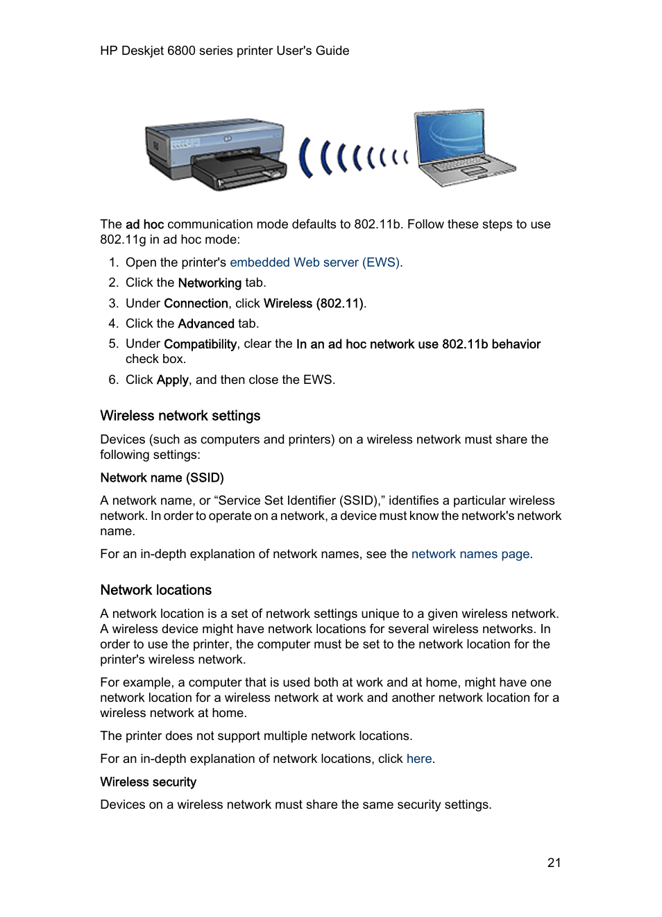 Wireless network settings, Network name (ssid), Network locations | Wireless security | HP Deskjet 6840 Color Inkjet Printer User Manual | Page 21 / 177