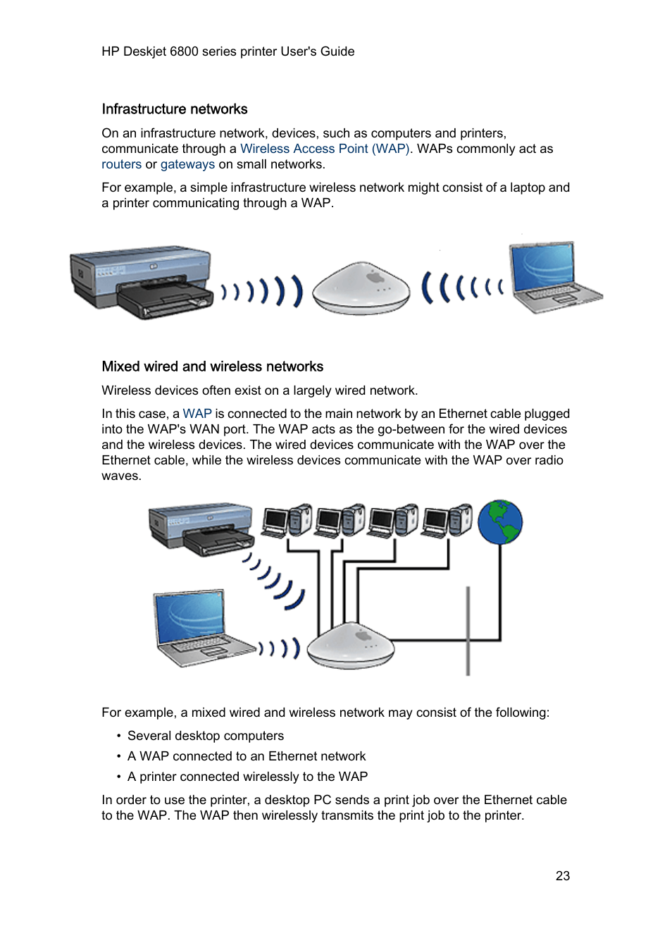 Infrastructure networks, Mixed wired and wireless networks, Infrastructure | Mixed wired and wireless | HP Deskjet 6840 Color Inkjet Printer User Manual | Page 23 / 177