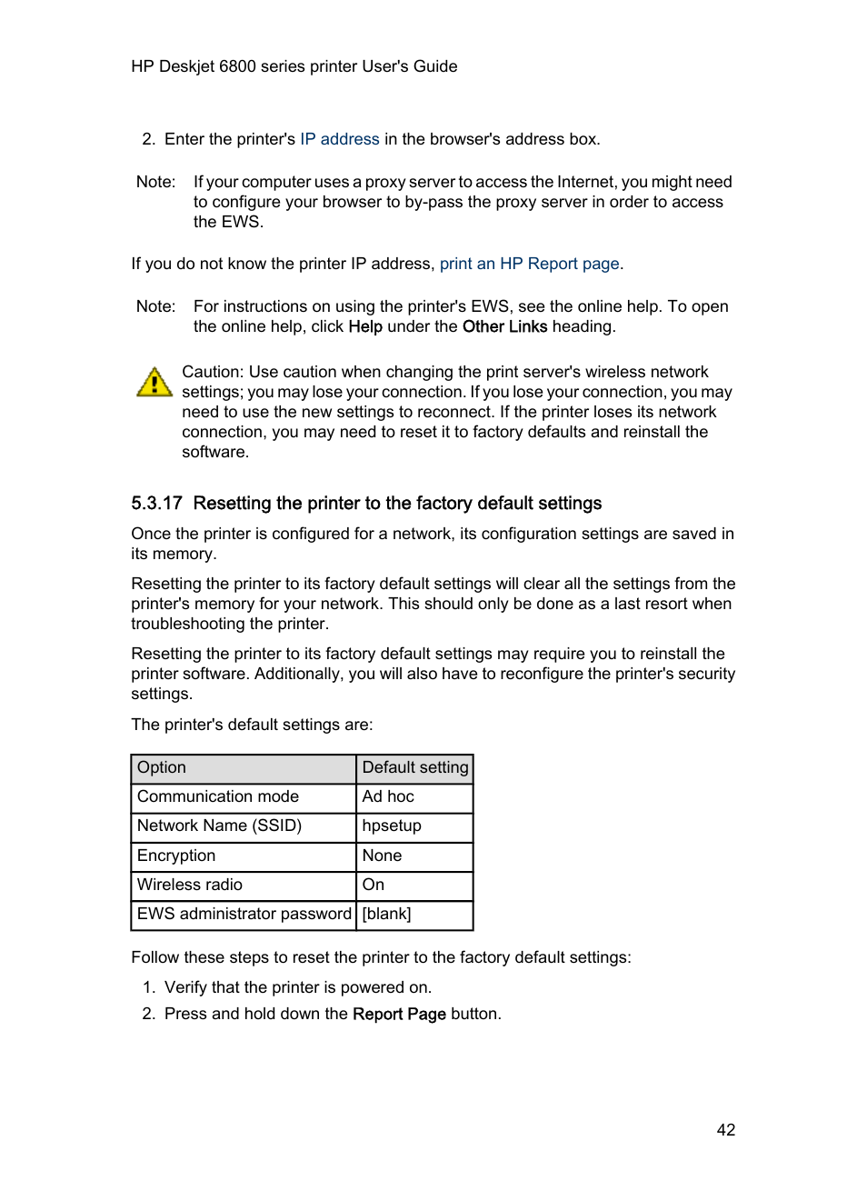 Resetting the printer to the factory defaults | HP Deskjet 6840 Color Inkjet Printer User Manual | Page 42 / 177