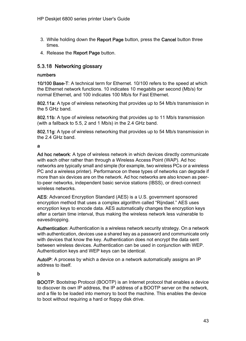 18 networking glossary, Numbers, Glossary | Wi-fi wireless network without the aid of, Infrastructure mode, Ad hoc mode, Ethernet cable, The printer to the network's, Wireless access point (wap), In order to achieve a | HP Deskjet 6840 Color Inkjet Printer User Manual | Page 43 / 177