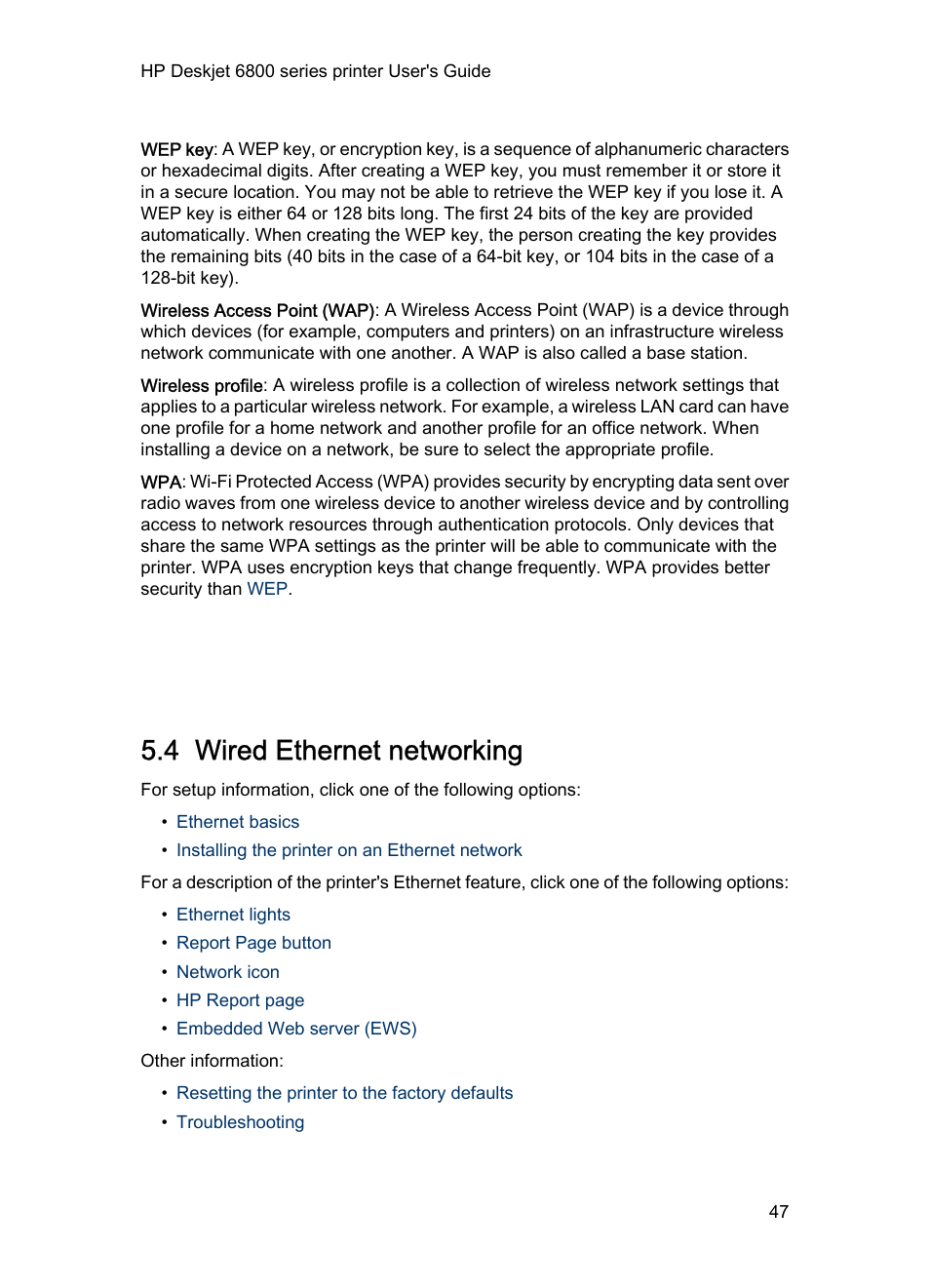 4 wired ethernet networking, Wired, Wired ethernet port | HP Deskjet 6840 Color Inkjet Printer User Manual | Page 47 / 177