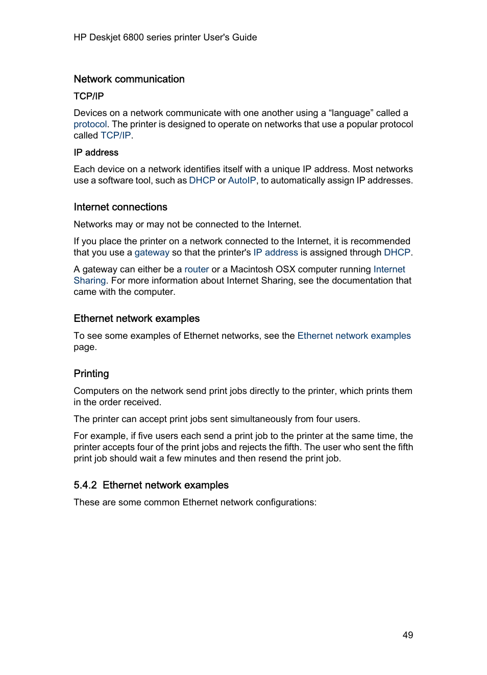 Network communication, Tcp/ip, Ip address | Internet connections, Ethernet network examples, Printing, 2 ethernet network examples | HP Deskjet 6840 Color Inkjet Printer User Manual | Page 49 / 177