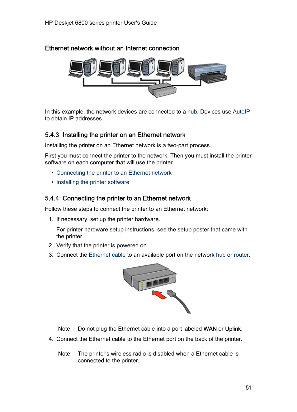 Ethernet network without an internet connection, 3 installing the printer on an ethernet network, 4 connecting the printer to an ethernet network | Ethernet network, Installation instructions, Installing the printer on an ethernet network, Ethernet installation, Instructions | HP Deskjet 6840 Color Inkjet Printer User Manual | Page 51 / 177