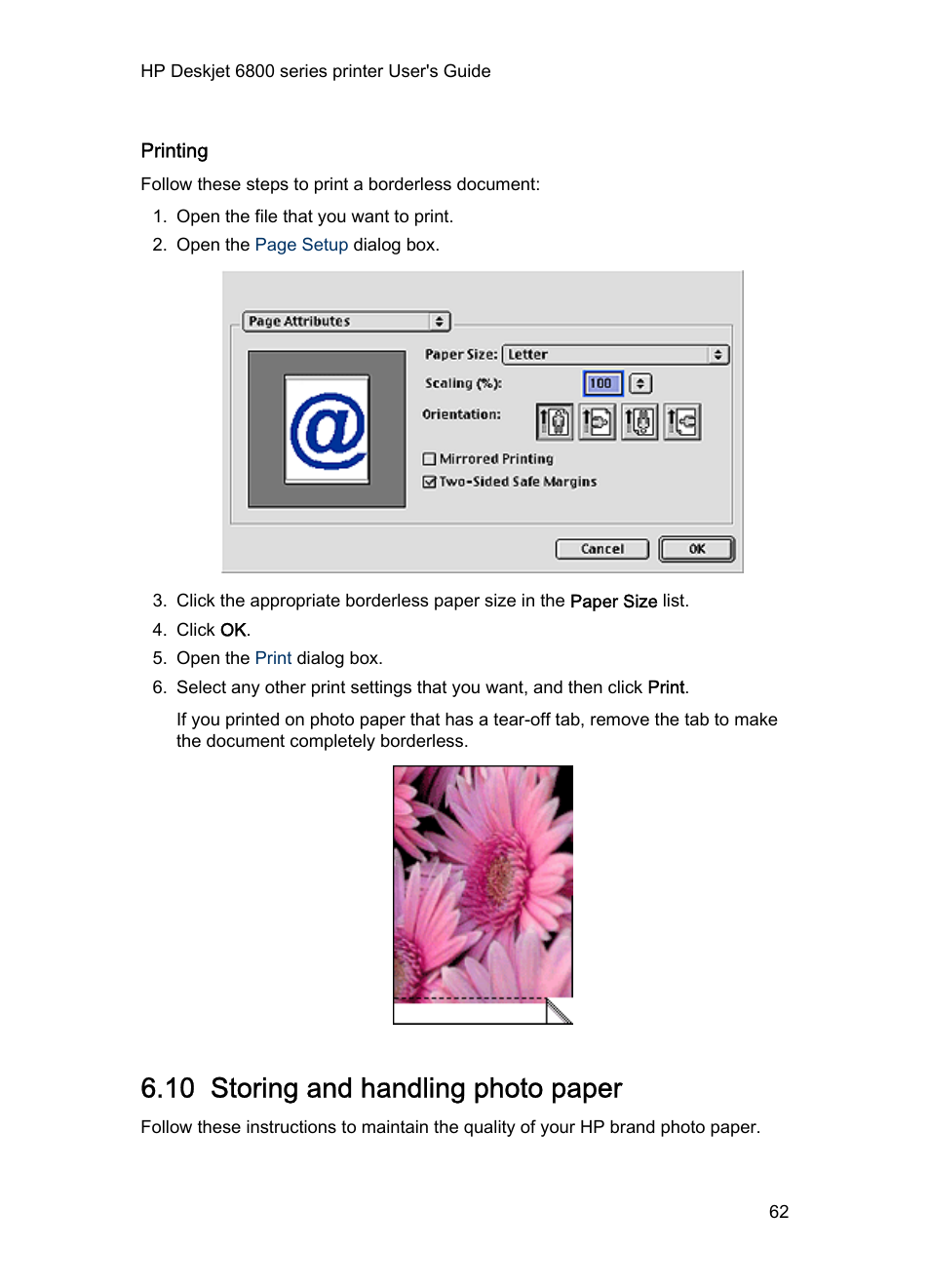 Printing, 10 storing and handling photo paper, Photo paper storage guidelines | HP Deskjet 6840 Color Inkjet Printer User Manual | Page 62 / 177