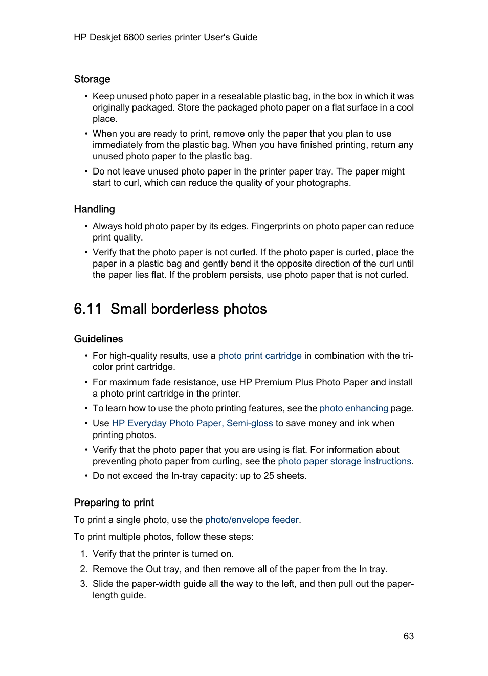 Storage, Handling, 11 small borderless photos | Guidelines, Preparing to print, Small borderless photo | HP Deskjet 6840 Color Inkjet Printer User Manual | Page 63 / 177