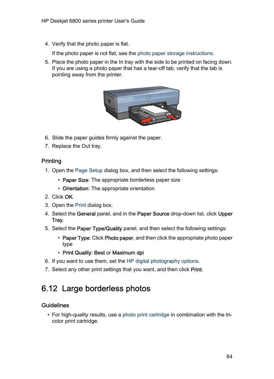 Printing, 12 large borderless photos, Guidelines | Large borderless photo | HP Deskjet 6840 Color Inkjet Printer User Manual | Page 64 / 177