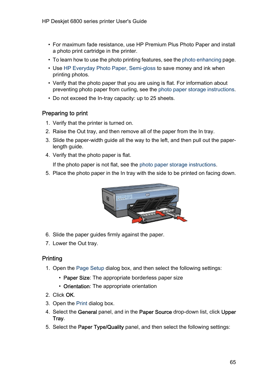 Preparing to print, Printing | HP Deskjet 6840 Color Inkjet Printer User Manual | Page 65 / 177