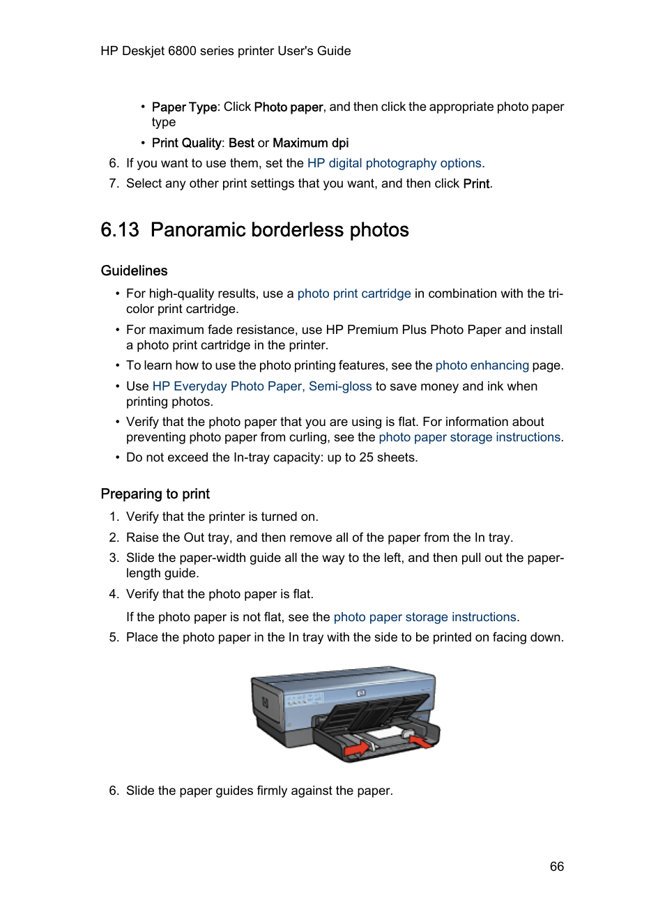 13 panoramic borderless photos, Guidelines, Preparing to print | Panoramic borderless photo | HP Deskjet 6840 Color Inkjet Printer User Manual | Page 66 / 177