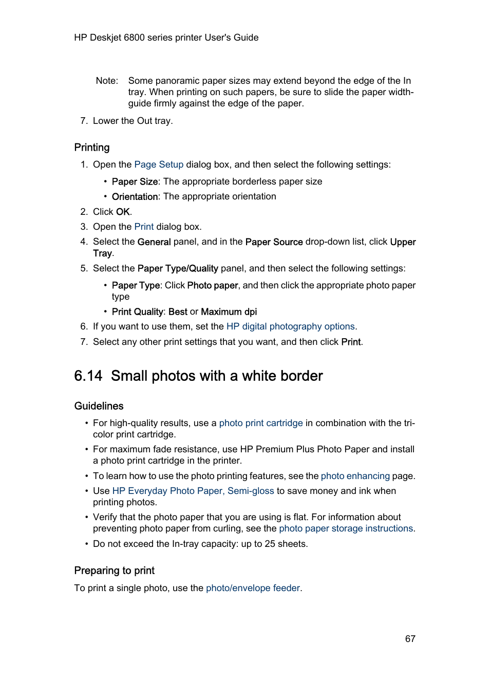 Printing, 14 small photos with a white border, Guidelines | Preparing to print, Small photo, With a white border | HP Deskjet 6840 Color Inkjet Printer User Manual | Page 67 / 177