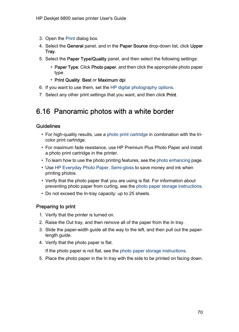 16 panoramic photos with a white border, Guidelines, Preparing to print | Panoramic photo, With a white border | HP Deskjet 6840 Color Inkjet Printer User Manual | Page 70 / 177