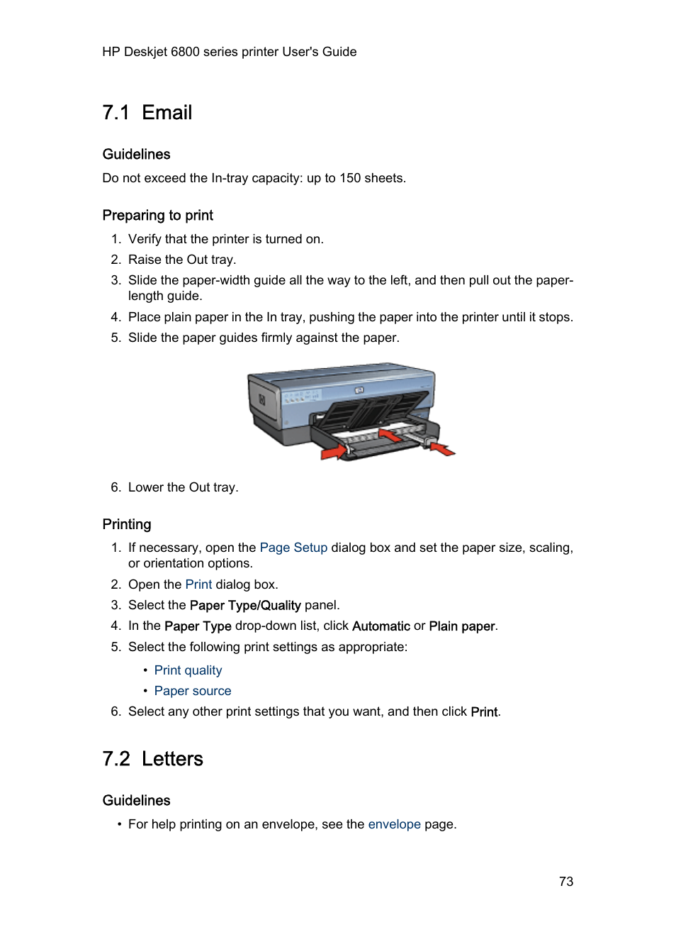 1 email, Guidelines, Preparing to print | Printing, 2 letters, E-mail, Letters | HP Deskjet 6840 Color Inkjet Printer User Manual | Page 73 / 177