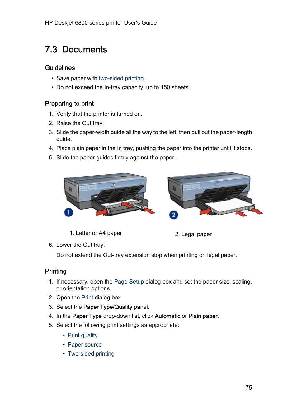 3 documents, Guidelines, Preparing to print | Printing, Documents | HP Deskjet 6840 Color Inkjet Printer User Manual | Page 75 / 177