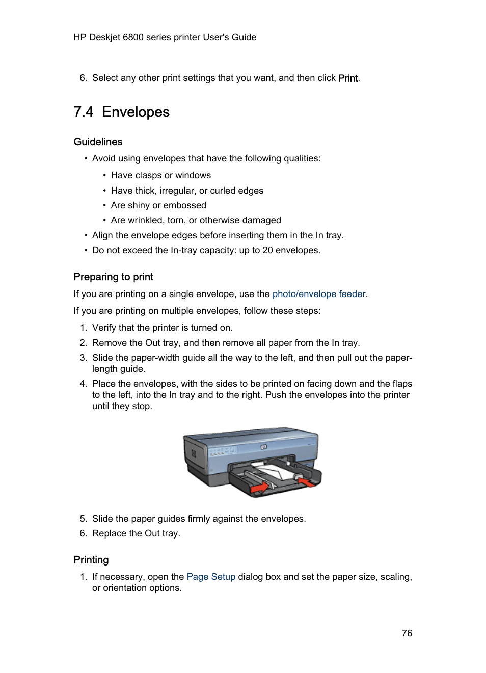 4 envelopes, Guidelines, Preparing to print | Printing, Envelopes, Envelope | HP Deskjet 6840 Color Inkjet Printer User Manual | Page 76 / 177