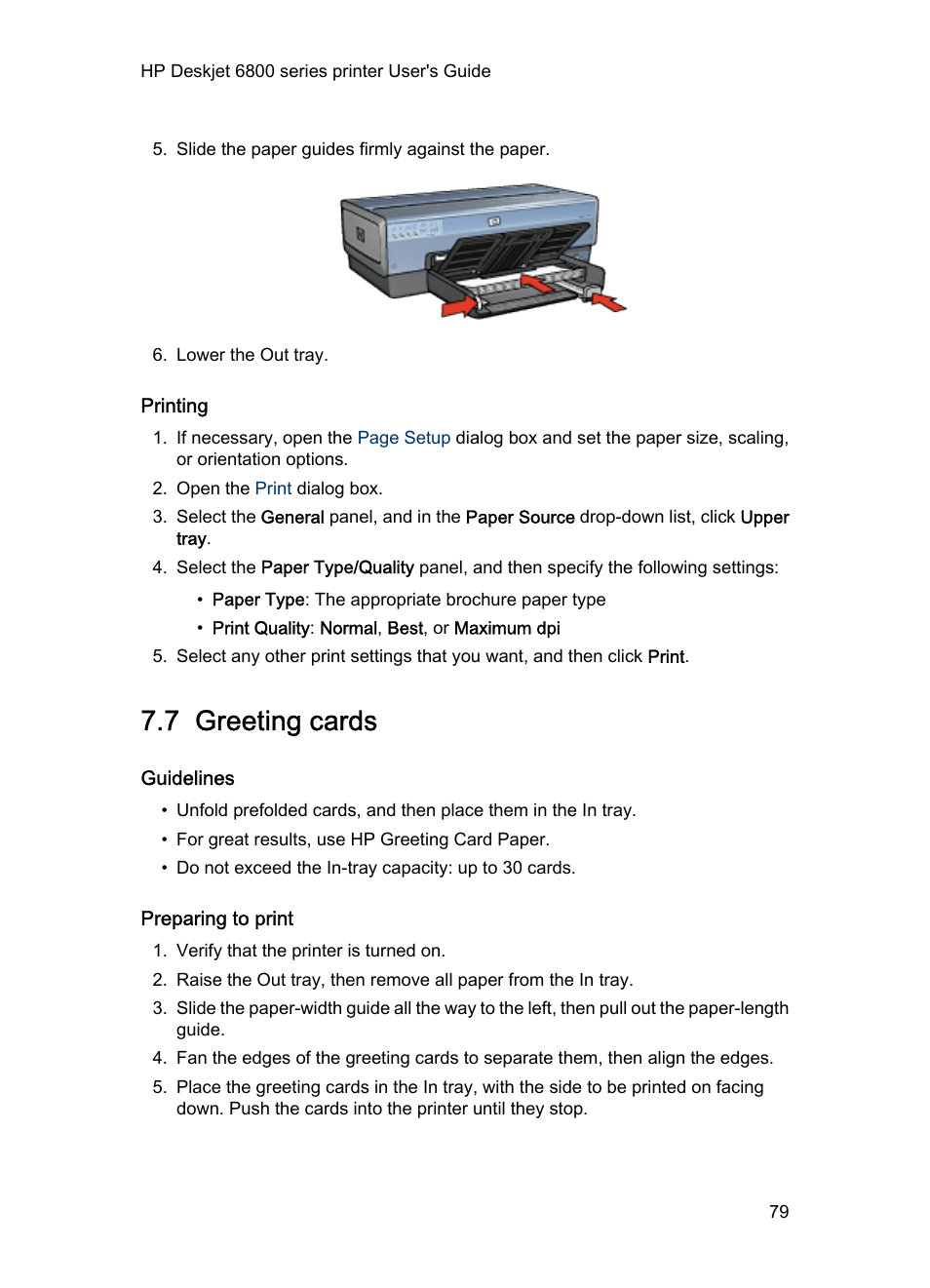 Printing, 7 greeting cards, Guidelines | Preparing to print, Greeting cards | HP Deskjet 6840 Color Inkjet Printer User Manual | Page 79 / 177