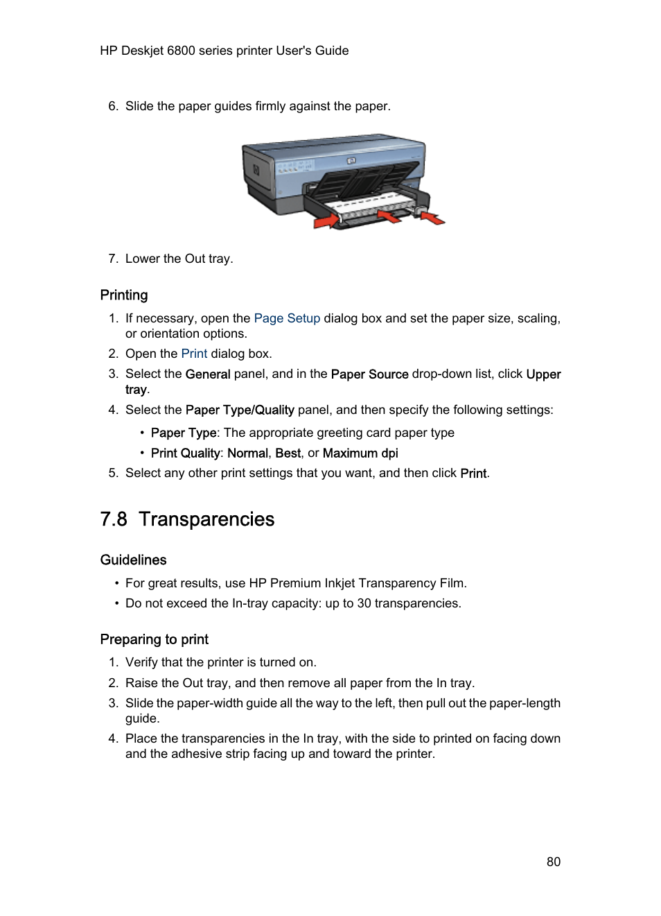 Printing, 8 transparencies, Guidelines | Preparing to print, Transparencies | HP Deskjet 6840 Color Inkjet Printer User Manual | Page 80 / 177