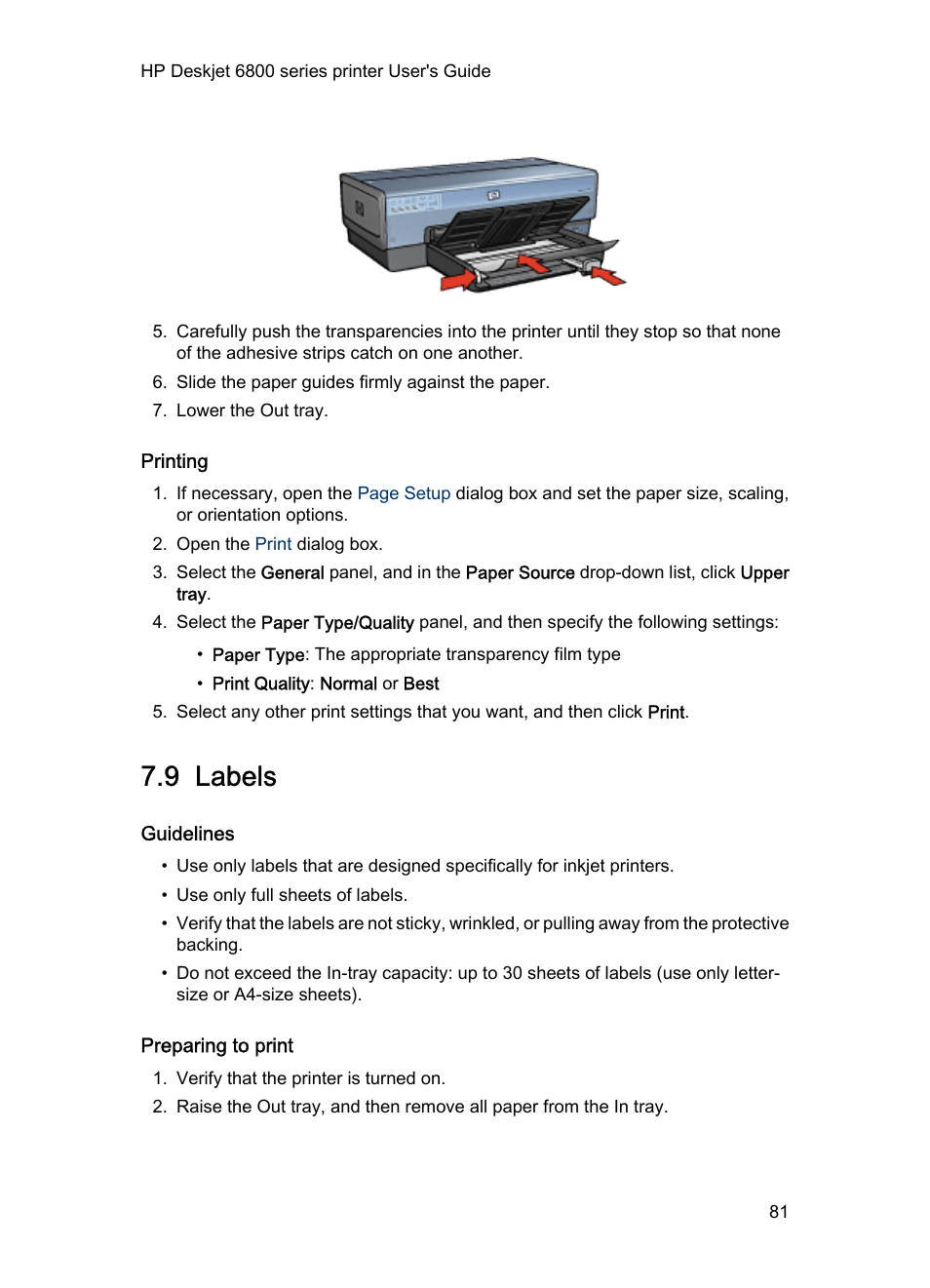 Printing, 9 labels, Guidelines | Preparing to print, Labels | HP Deskjet 6840 Color Inkjet Printer User Manual | Page 81 / 177