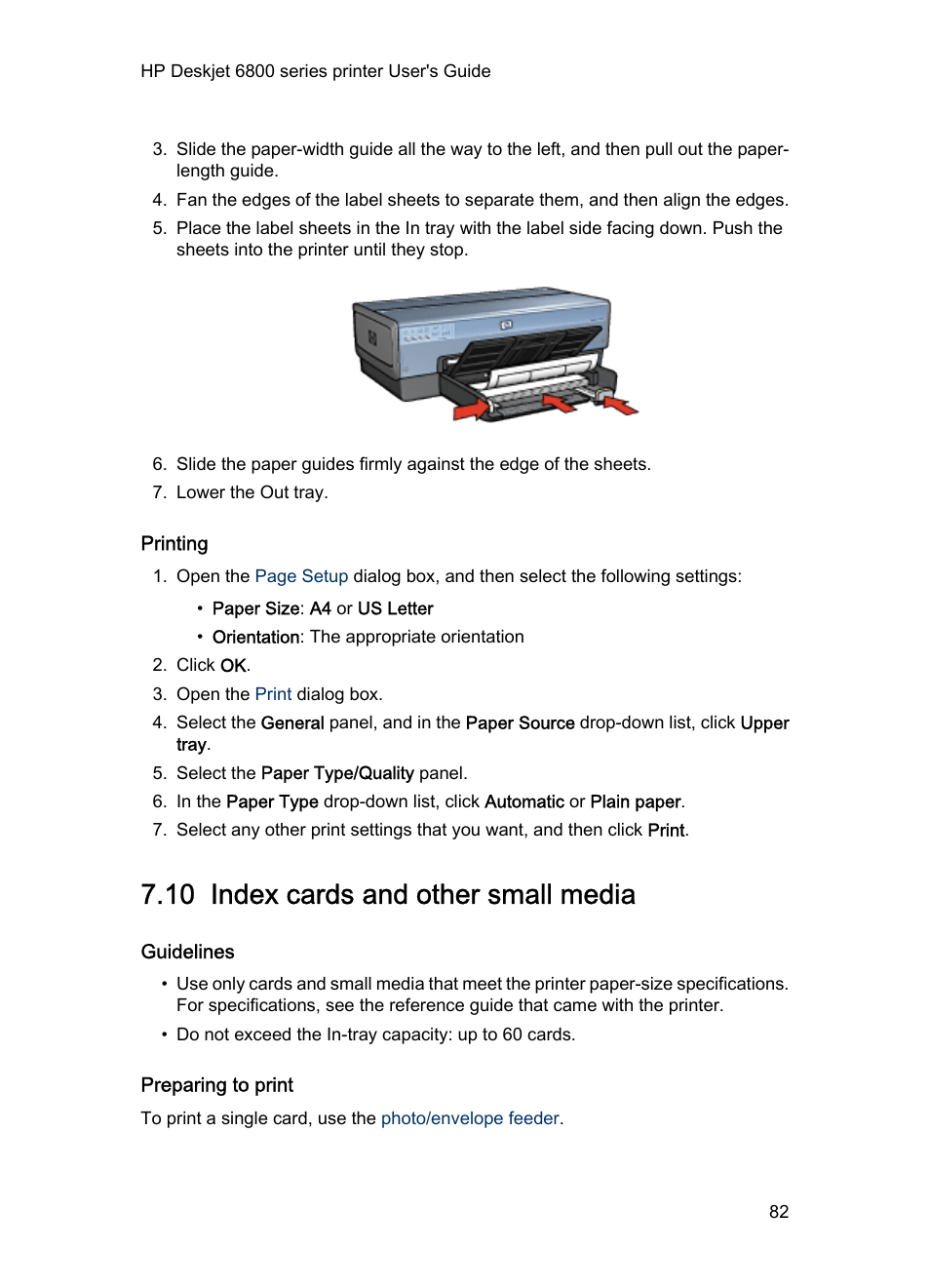 Printing, 10 index cards and other small media, Guidelines | Preparing to print, Index cards | HP Deskjet 6840 Color Inkjet Printer User Manual | Page 82 / 177