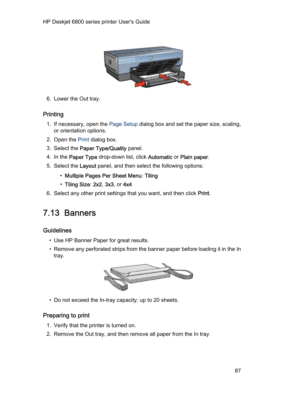 Printing, 13 banners, Guidelines | Preparing to print, Banners | HP Deskjet 6840 Color Inkjet Printer User Manual | Page 87 / 177