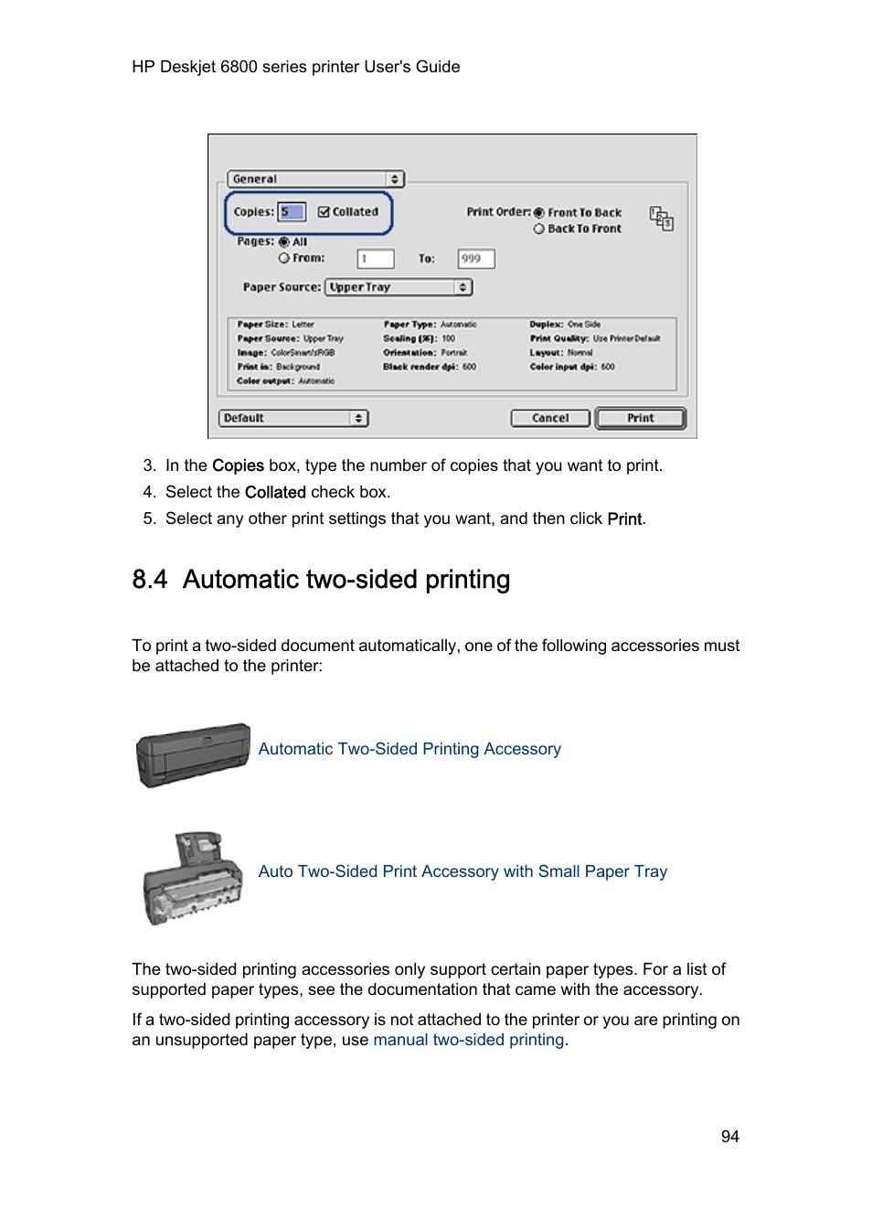 4 automatic two-sided printing, Automatically | HP Deskjet 6840 Color Inkjet Printer User Manual | Page 94 / 177