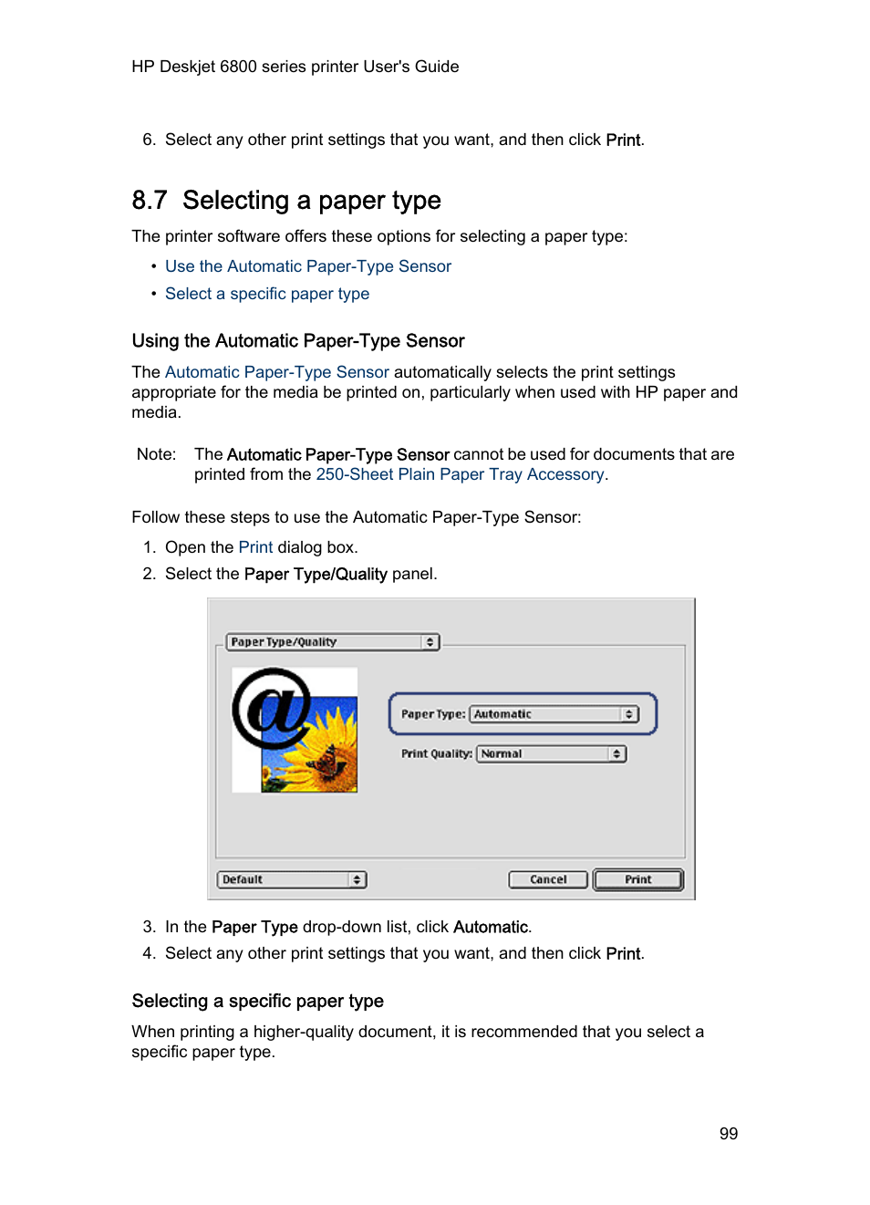 7 selecting a paper type, Using the automatic paper-type sensor, Selecting a specific paper type | To use the automatic paper-type sensor, see the, Paper-type selection, Paper type | HP Deskjet 6840 Color Inkjet Printer User Manual | Page 99 / 177