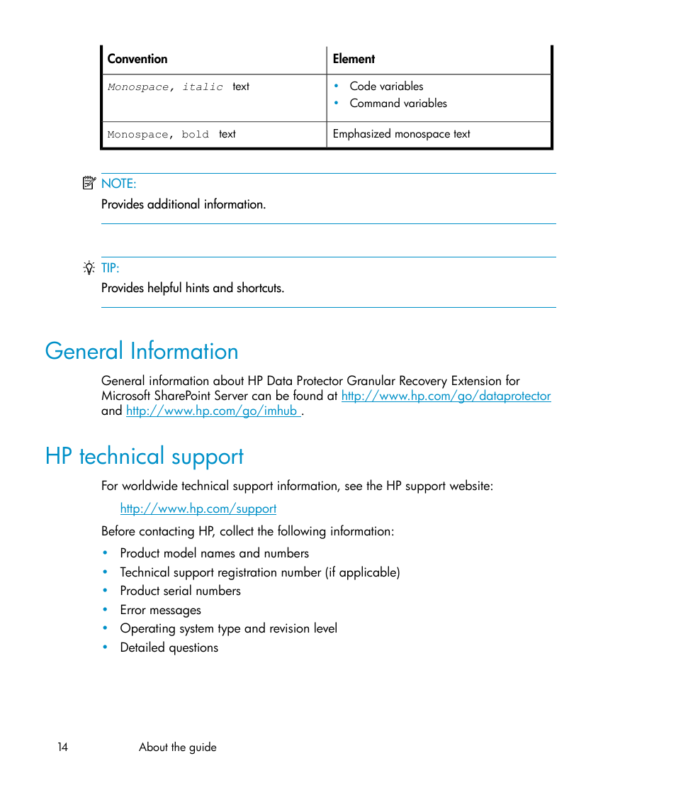 General information, Hp technical support, 14 hp technical support | HP Data Protector V6.1x Software User Manual | Page 14 / 82