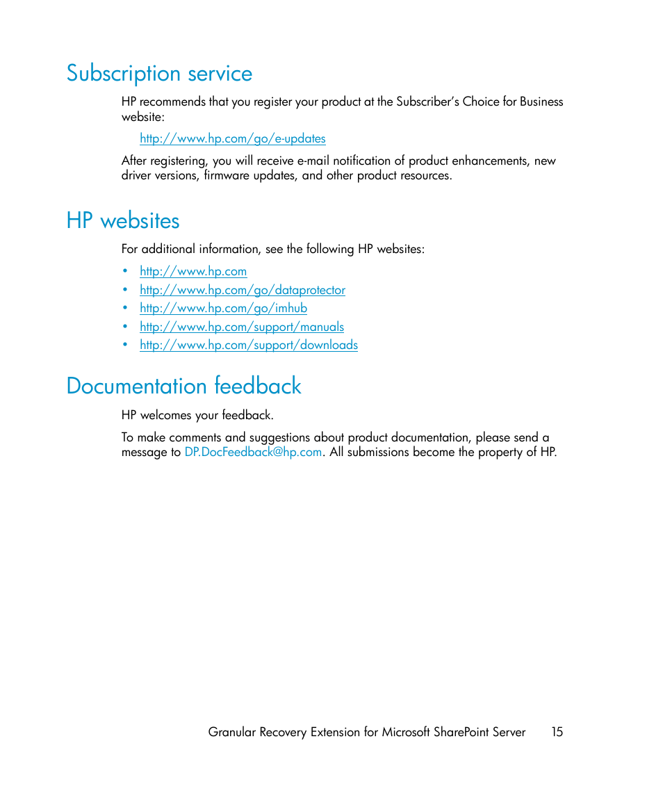 Subscription service, Hp websites, Documentation feedback | 15 hp websites, 15 documentation feedback | HP Data Protector V6.1x Software User Manual | Page 15 / 82